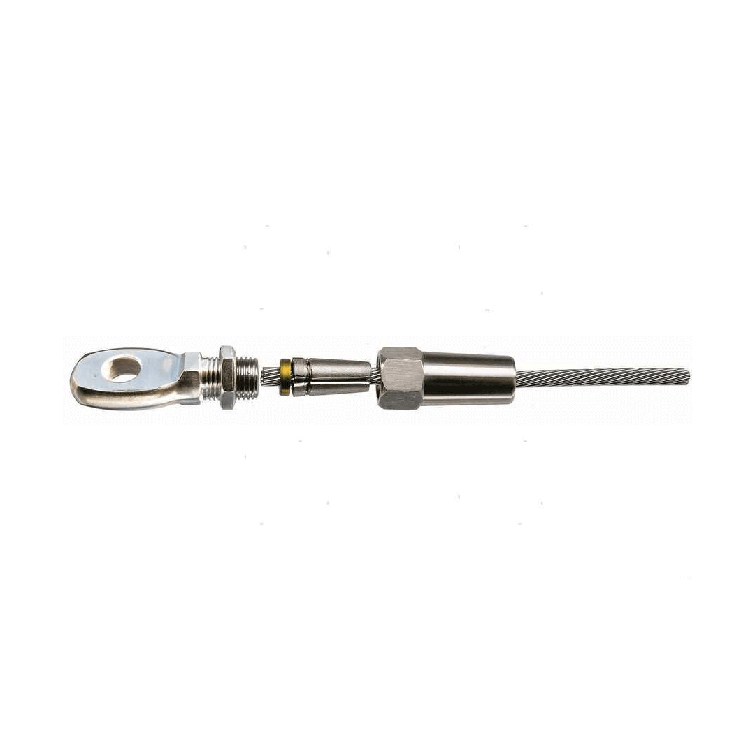 Terminale rapido a occhio inox per cavo Ø 4mm con tensionatore e dado esagonale, acciaio lucido