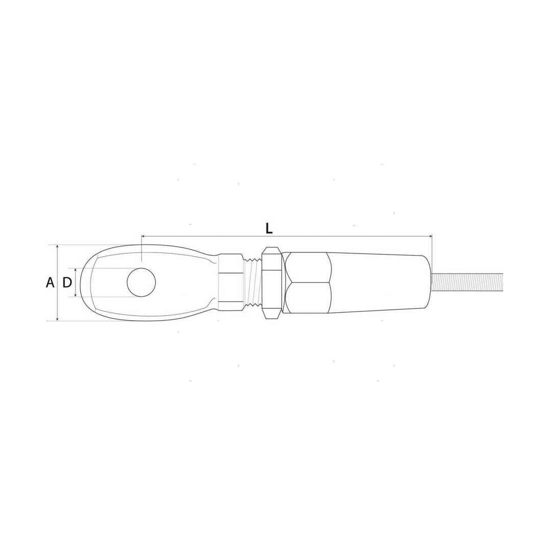 Scheda tecnica terminale rapido a occhio per cavi Ø 4 mm in acciaio inox con dimensioni L, A e D