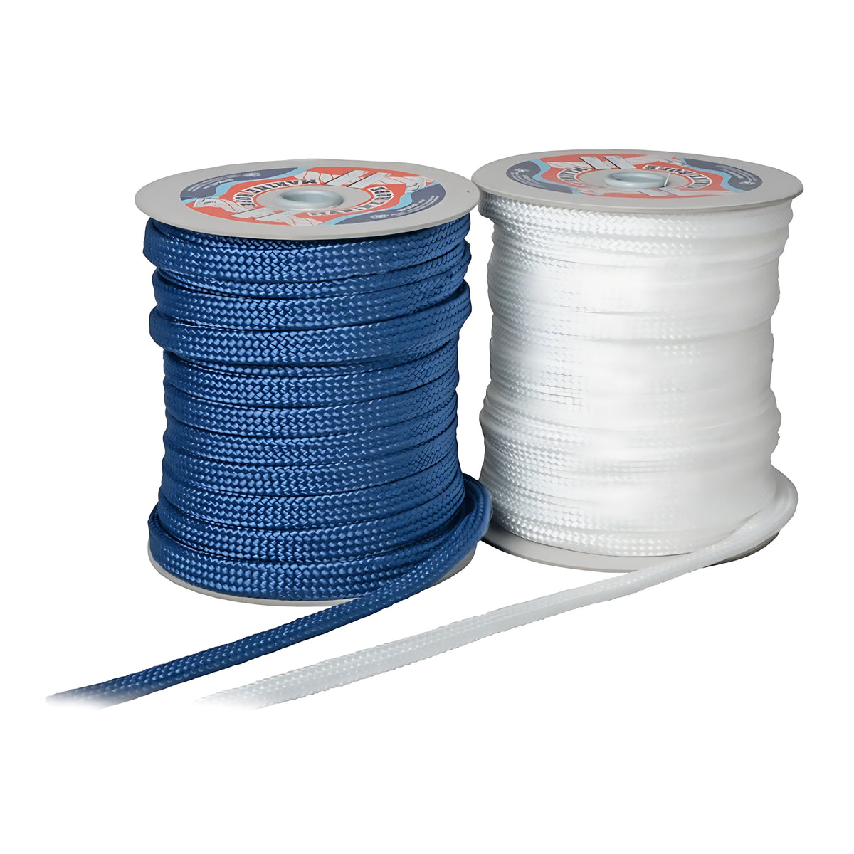 Treccia piattina in polipropilene a 32 fusi colore blu per fissaggio parabordi disponibile in 10, 14 e 18 mm per bobine da 50 metri