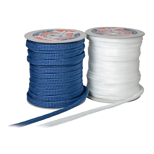 Treccia piattina in polipropilene a 32 fusi colore blu per fissaggio parabordi disponibile in 10, 14 e 18 mm per bobine da 50 metri