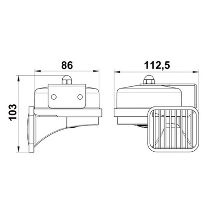Tromba nautica singola a membrana con corpo in ABS cromato e staffa in acciaio inox.