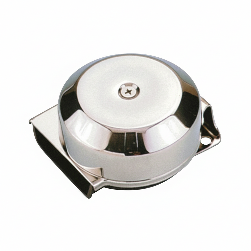 Tromba elettrica compatta in acciaio inox lucido, forma circolare con vite centrale e base di montaggio