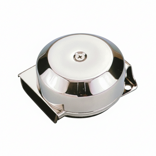 Tromba elettrica compatta in acciaio inox lucido, forma circolare con vite centrale e base di montaggio