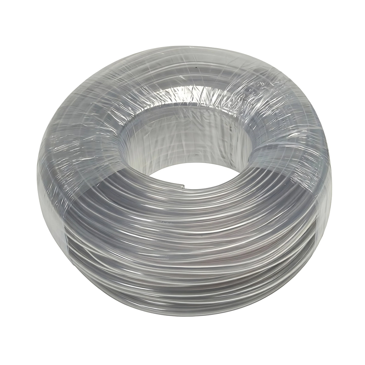 Rotolo di tubo antigelo neutro trasparente in PVC per irrigazione e travaso, con marcatura metrica progressiva.
