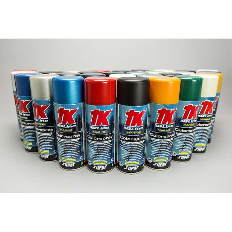 Bomboletta di vernice spray trasparente lucida TK per finitura motori marini.
