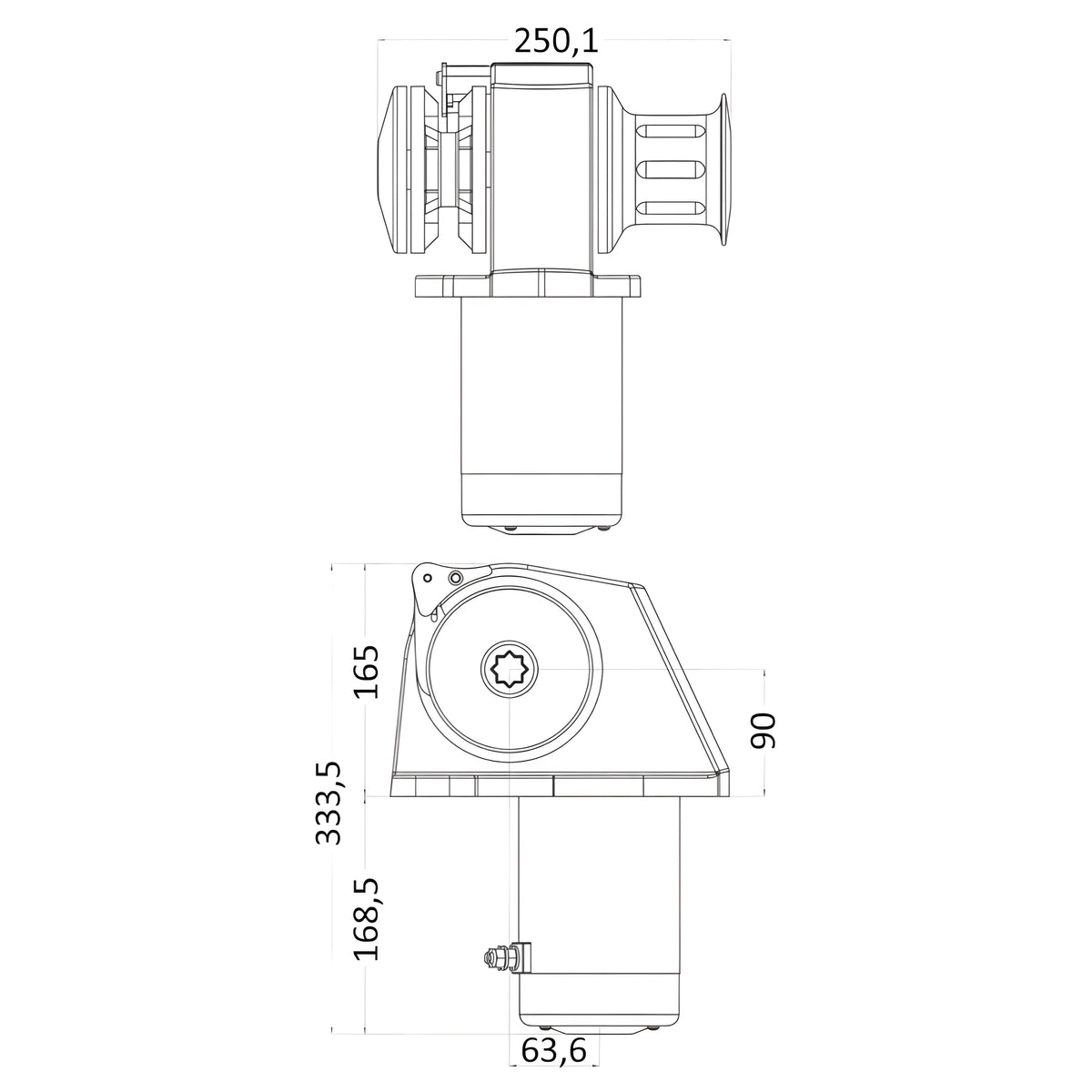 Verricello salpancora nautico ITALWINCH Serie Obi con carcassa in alluminio anodizzato, completo di teleruttore, leva e sensore contametri.