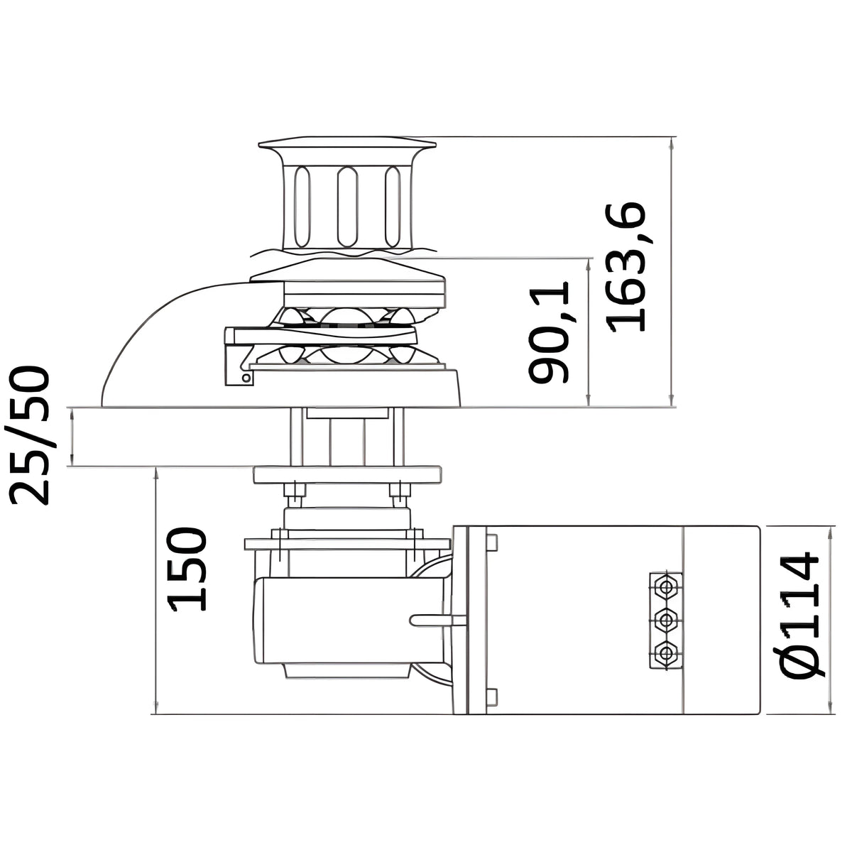 Verricello salpancora nautico ad asse verticale ITALWINCH Smart-R1, con base tonda in alluminio e corpo in acciaio inossidabile AISI 316.
