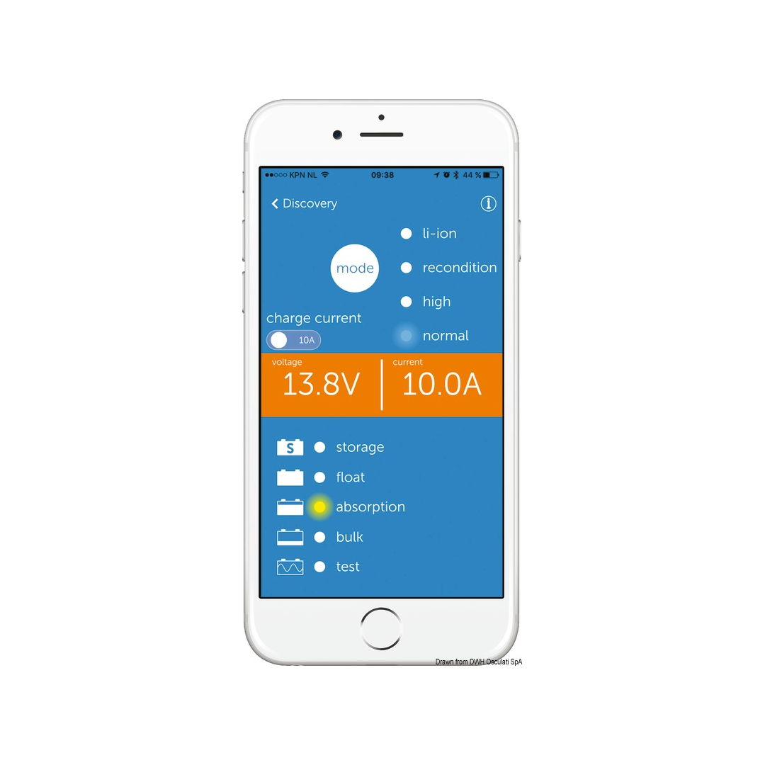 Caricabatteria professionale Victron BlueSmart IP65 resistente all'acqua e polvere, con connessione Bluetooth per smartphone e accessori inclusi. app