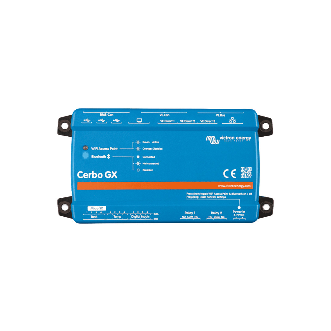 Centro di comunicazione Victron Cerbo GX MK2 per il monitoraggio e controllo remoto di sistemi energetici di bordo.