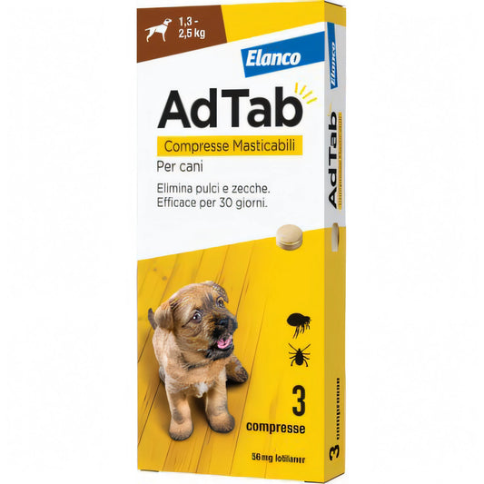 Confezione AdTab Elanco compresse antiparassitarie per cani 1,3-2,5 kg