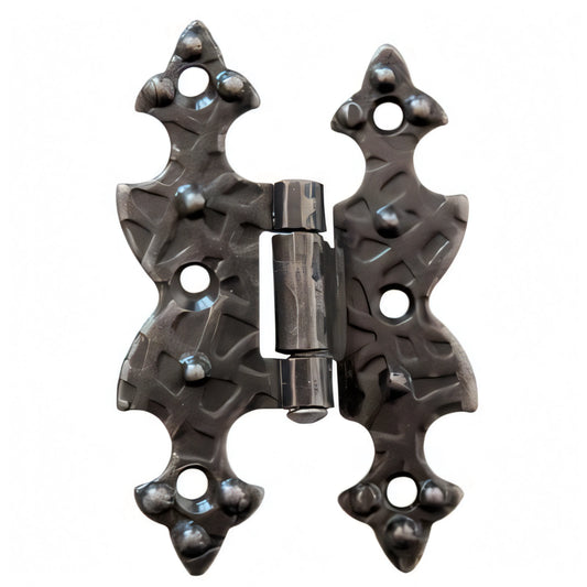 Cerniera a bandella doppio T con collo, ferro battuto nero sfumato, 70x45 mm