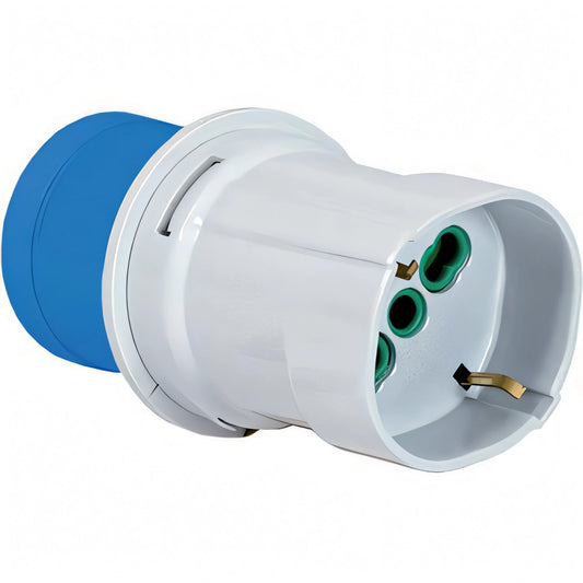 Adattatore FME da spina industriale CEE blu 2P+T 16A a presa schuko, IP44
