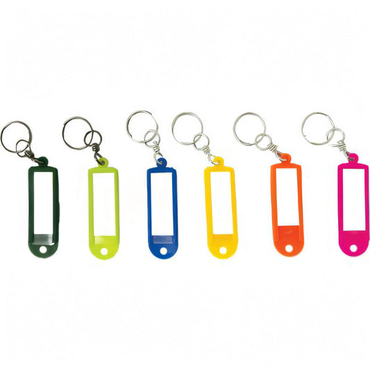 Portachiavi in plastica con targhetta, girella e anello, colori assortiti