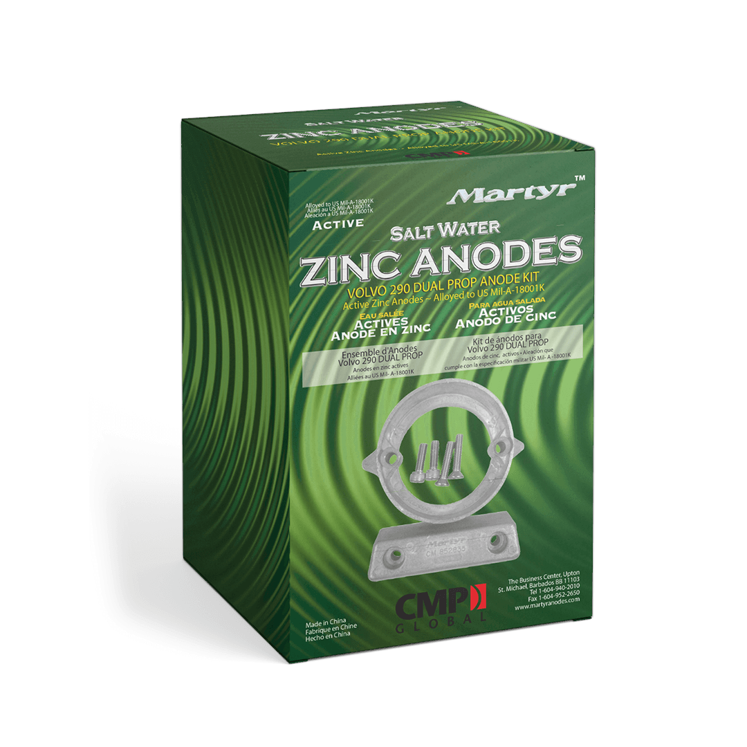 Kit anodi zinco Martyr per Volvo 290 Dual Prop, confezione verde con anello e barra in zinco