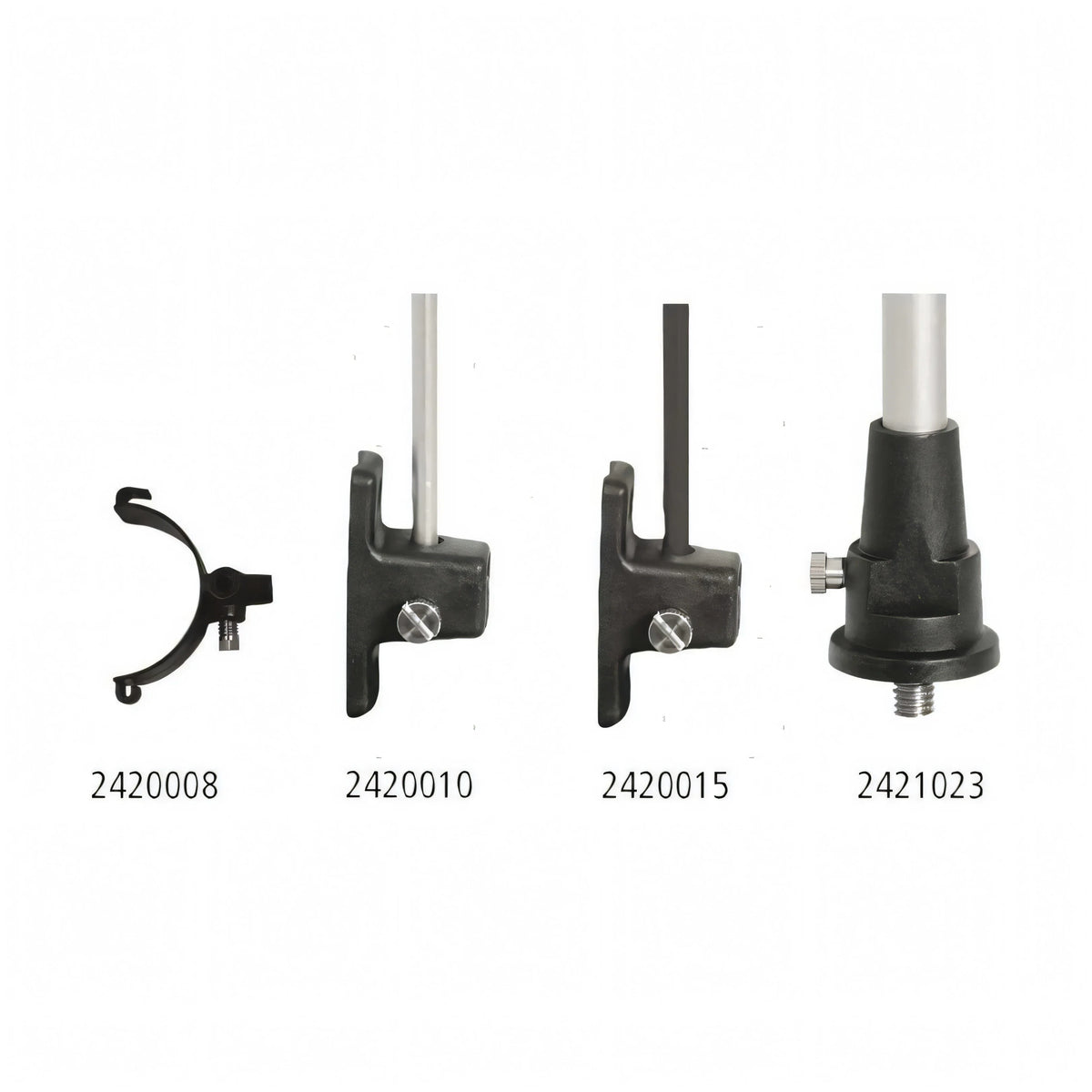Accessori segnavento Windex: supporti e morsetti neri in metallo con codici 2420008, 2420010, 2420015, 2421023