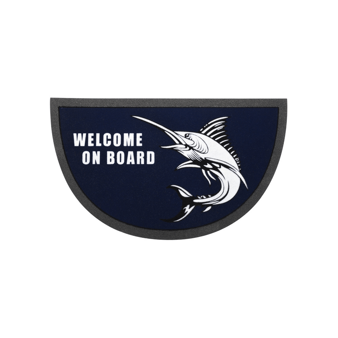 Zerbino nautico semicircolare blu navy con marlin e scritta "Welcome On Board"